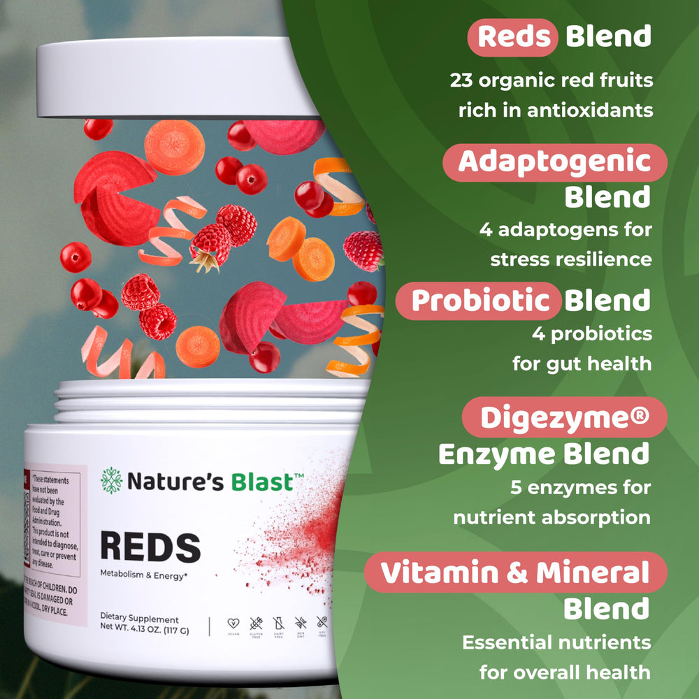 NATURES BLAST Reds glass-jar-served suggests a refreshing wellness drink