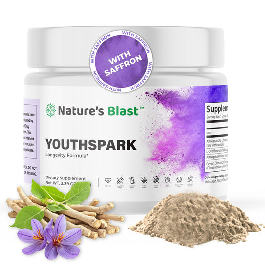 NATURES BLAST YouthSpark bottle-front showcases convenient daily use for longevity support.