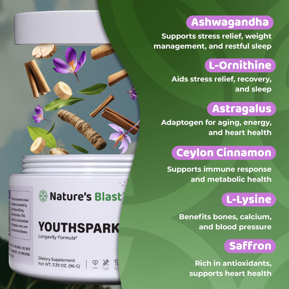 NATURES BLAST YouthSpark vegan-non-gmo seal shown on label for clean ingredients.