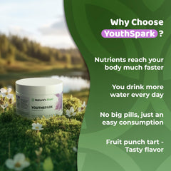 NATURES BLAST YouthSpark measuring-scoop pictured beside the jar for easy dosing.