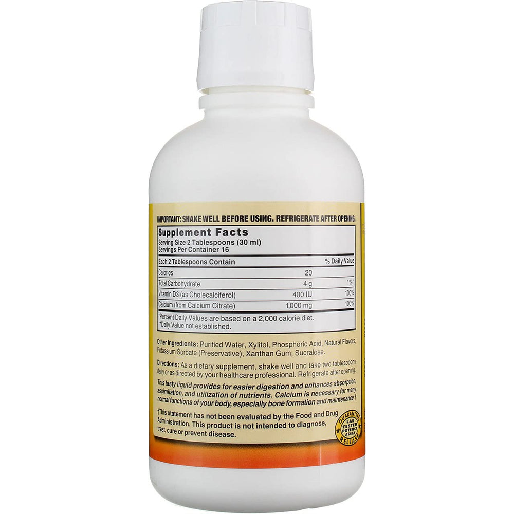 Nature's Blend measuring cap on blueberry calcium bottle for precise servings