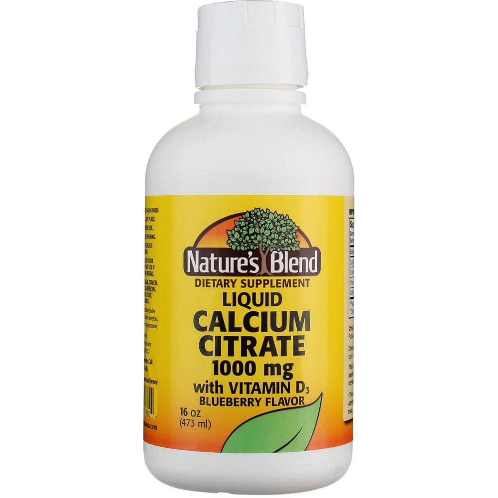 Nature's Blend calcium citrate with D3 blueberry measuring cap for precise servings.