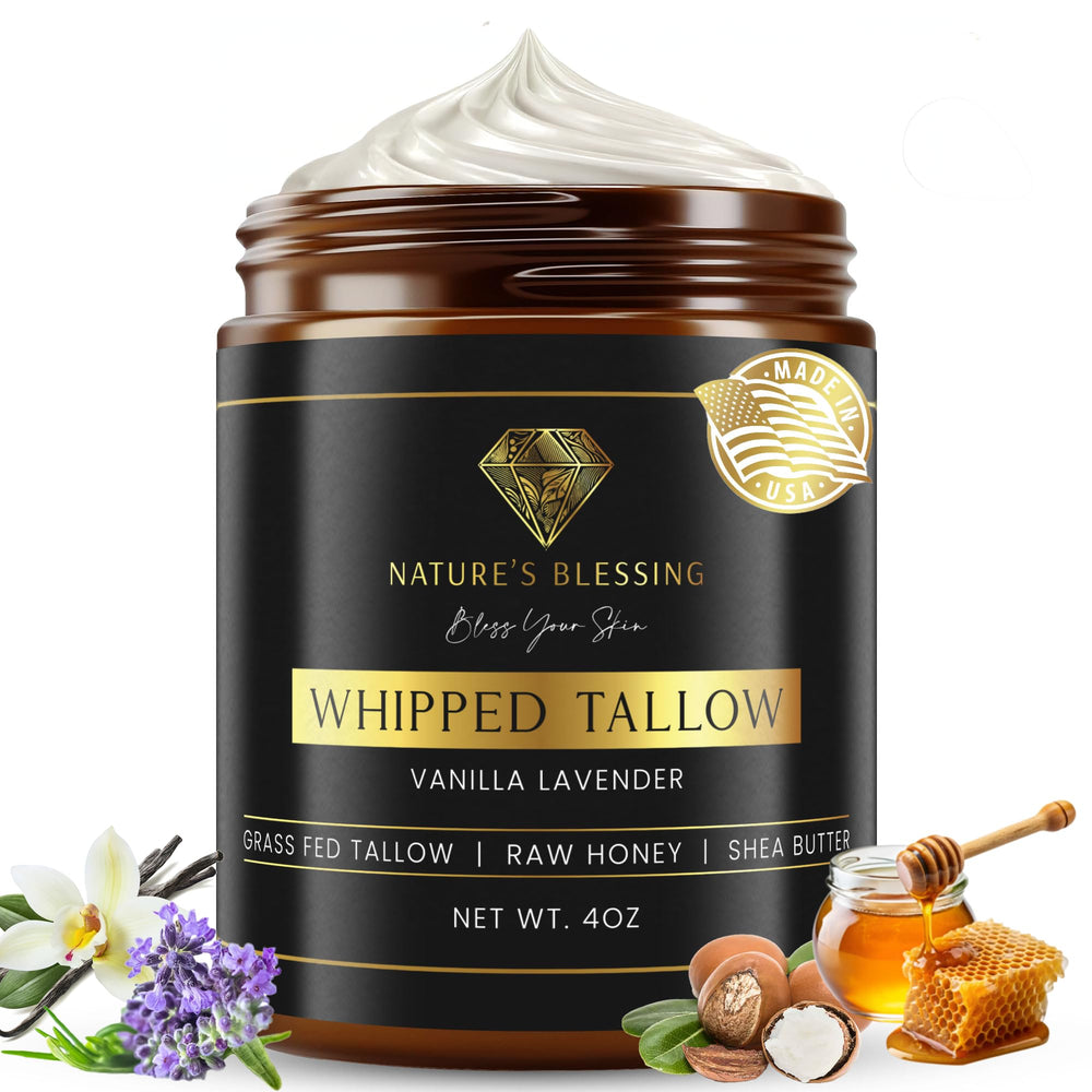 Nature's Blessing anti-aging beef tallow cream jar with rich hydration texture