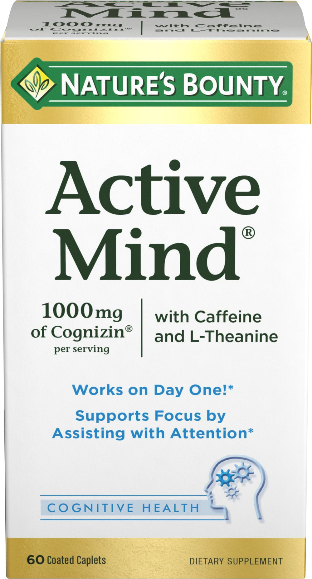Nature's Bounty Active Mind bottle pouring to show quick focus support during daily tasks.