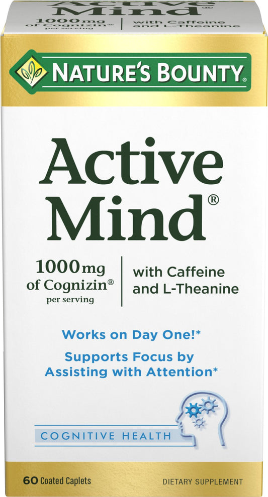 Nature's Bounty Active Mind bottle pouring to show quick focus support during daily tasks.