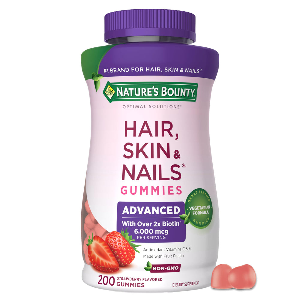 Nature's Bounty Advanced Hair Skin Nails gummies in strawberry form for daily beauty support
