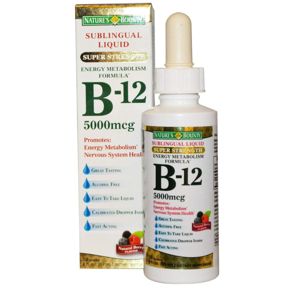 Nature's Bounty B12 sublingual liquid bottle with dropper supports energy metabolism and convenient dosing.