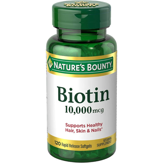 Nature's Bounty Biotin 10,000 mcg softgels bottle front for hair, skin, and nails health