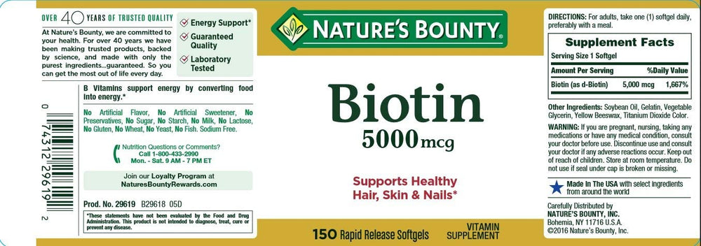 Nature's Bounty Biotin 5000mcg softgel close-up shows rapid-release capsule.