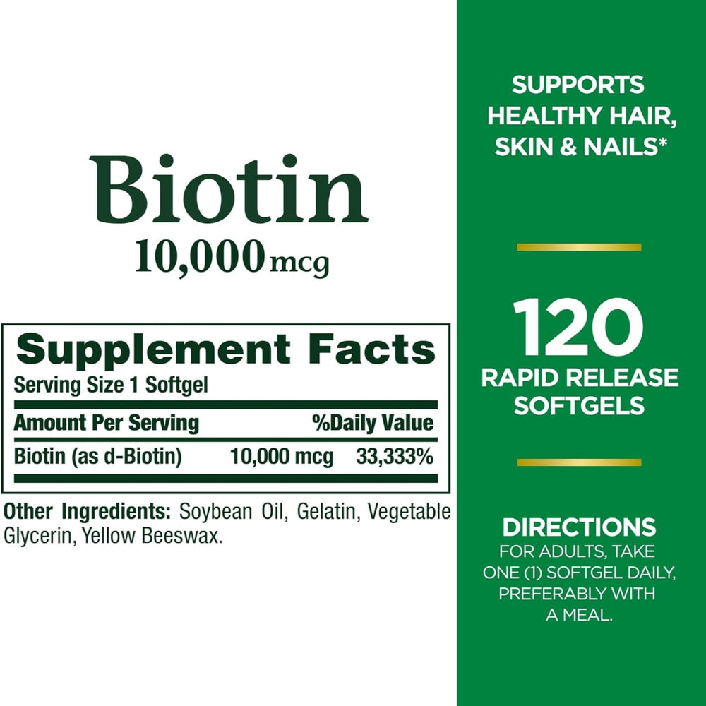 Nature's Bounty Biotin ingredient label with high-potency per serving