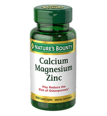Nature's Bounty Calcium Magnesium Zinc bottle shows highly absorbable minerals for bone support