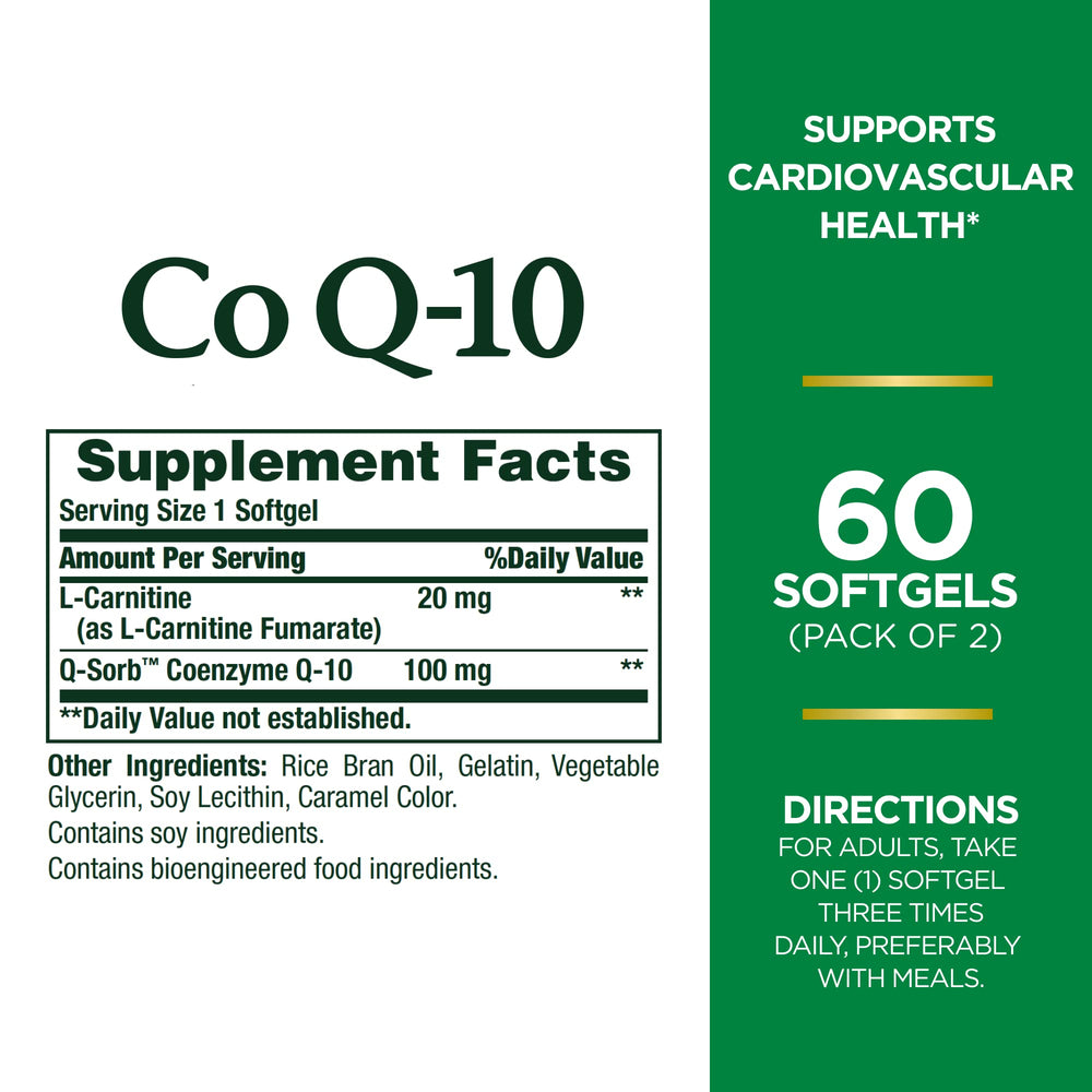 Nature's Bounty CoQ10 Plus L-Carnitine label showing gluten-free formula