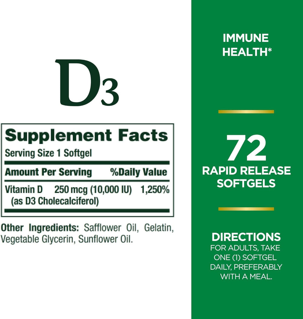 Nature's Bounty D3 10,000 IU softgels pour showing quick daily capsules.