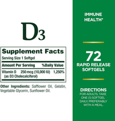 Nature's Bounty D3 10,000 IU softgels pour showing quick daily capsules.