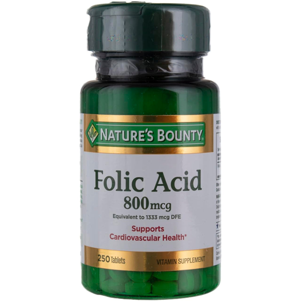 Nature's Bounty Folic Acid 800 mcg tablets bottle front, ideal for daily heart health support.