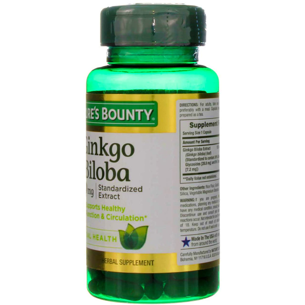 Nature's Bounty Ginkgo Biloba capsules with glass of water signaling easy daily intake