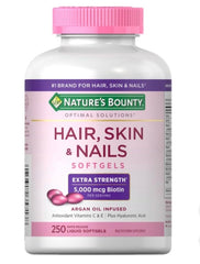 Nature's Bounty Hair, Skin & Nails bottle with 250 softgels for daily beauty support.