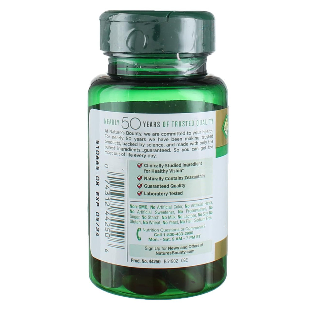 Nature's Bounty Lutein ingredients highlight marigolds and zeaxanthin for antioxidant properties.