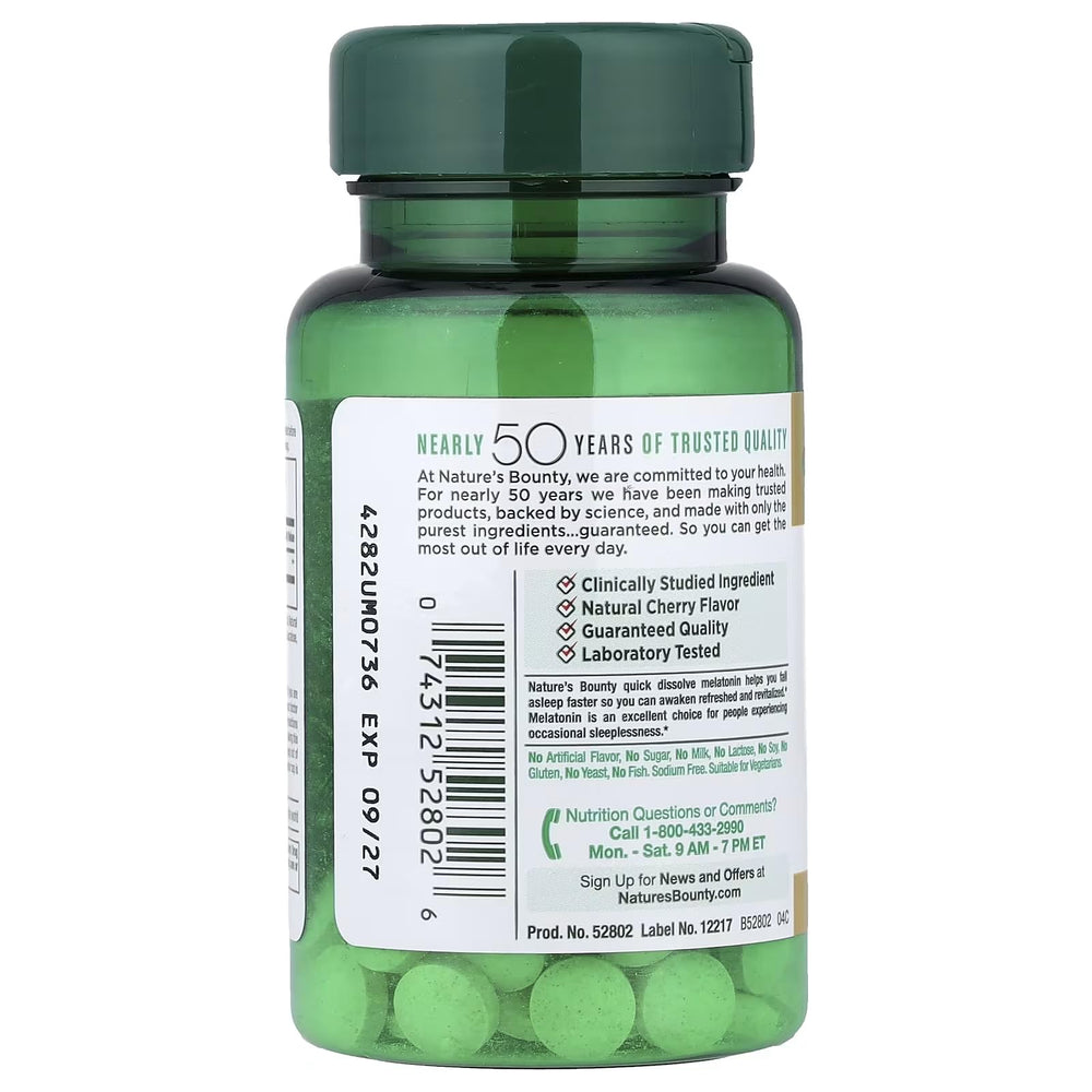 Nature's Bounty Melatonin bottle with cherry flavor for bedtime routine.