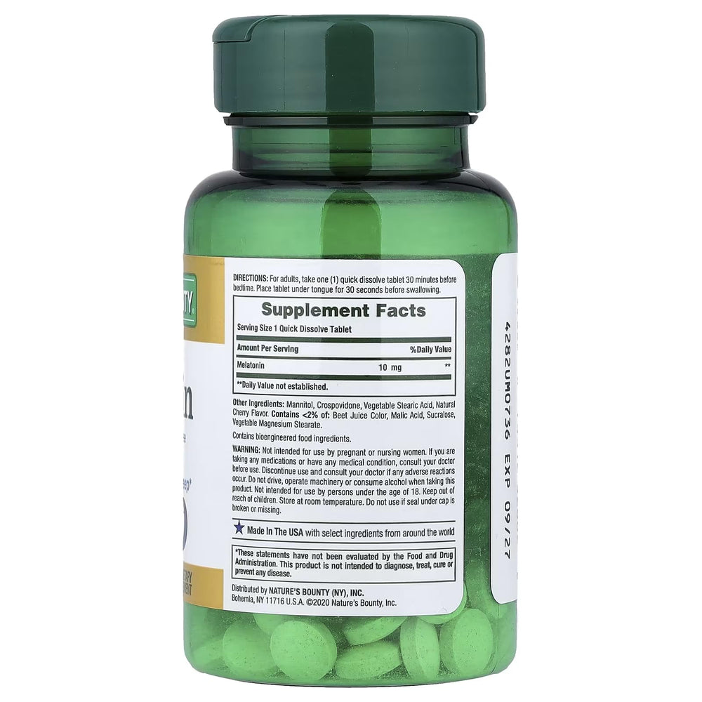 Nature's Bounty Melatonin quick-dissolve tablet melting in mouth.