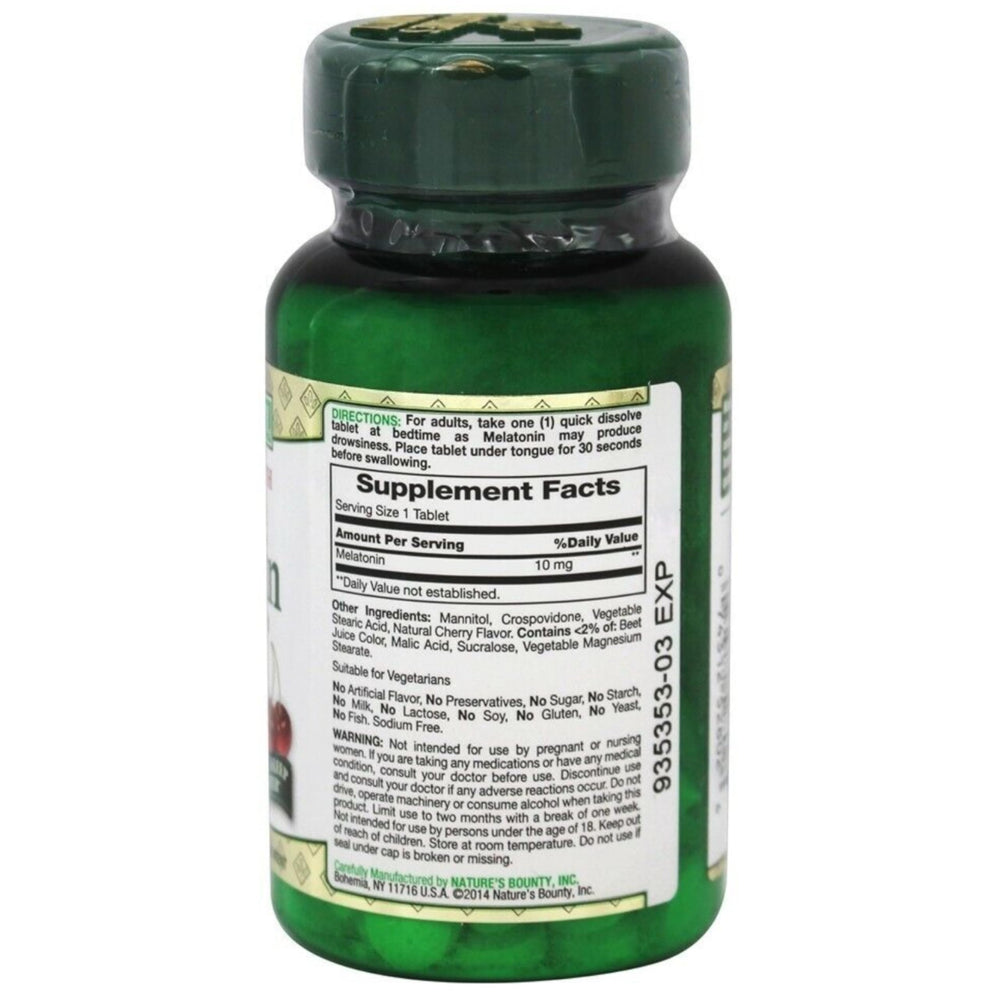 Nature's Bounty Melatonin cherry flavored tablets showing natural flavor experience