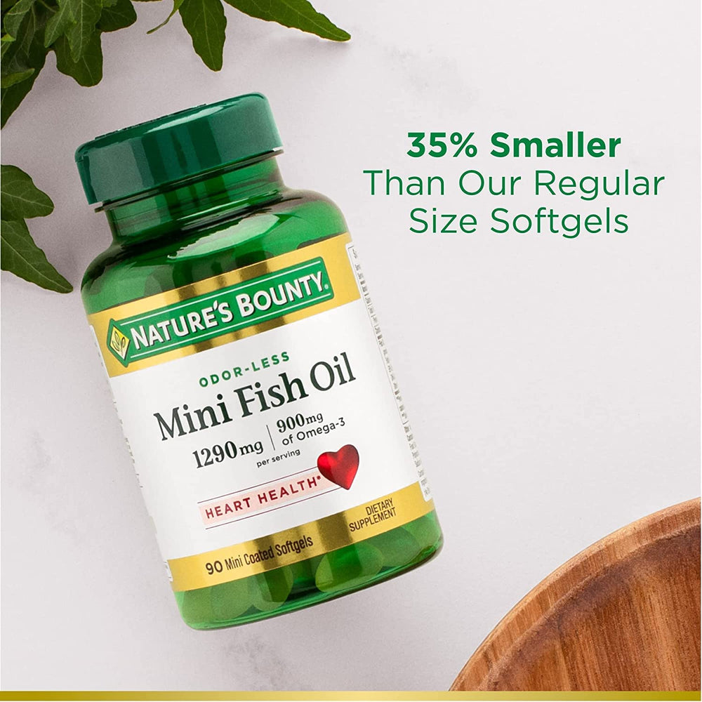 Nature's Bounty Mini Fish Oil Softgels odorless coating reduces fish burps during use.