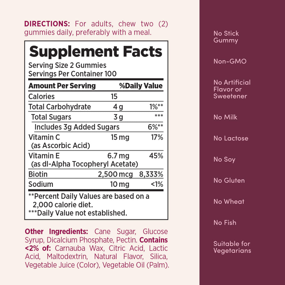 Nature's Bounty serving guidance card shows two gummies daily