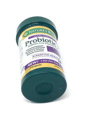 Nature's Bounty Probiotic 10 label closeup highlights varied strains and potency.