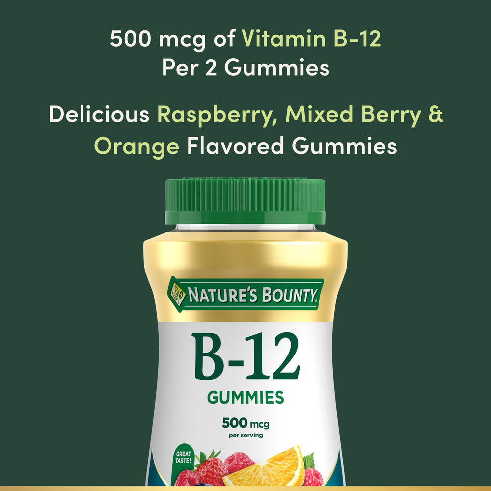 Nature's Bounty Vitamin B12 gummies label close-up, emphasizing 500mcg per serving