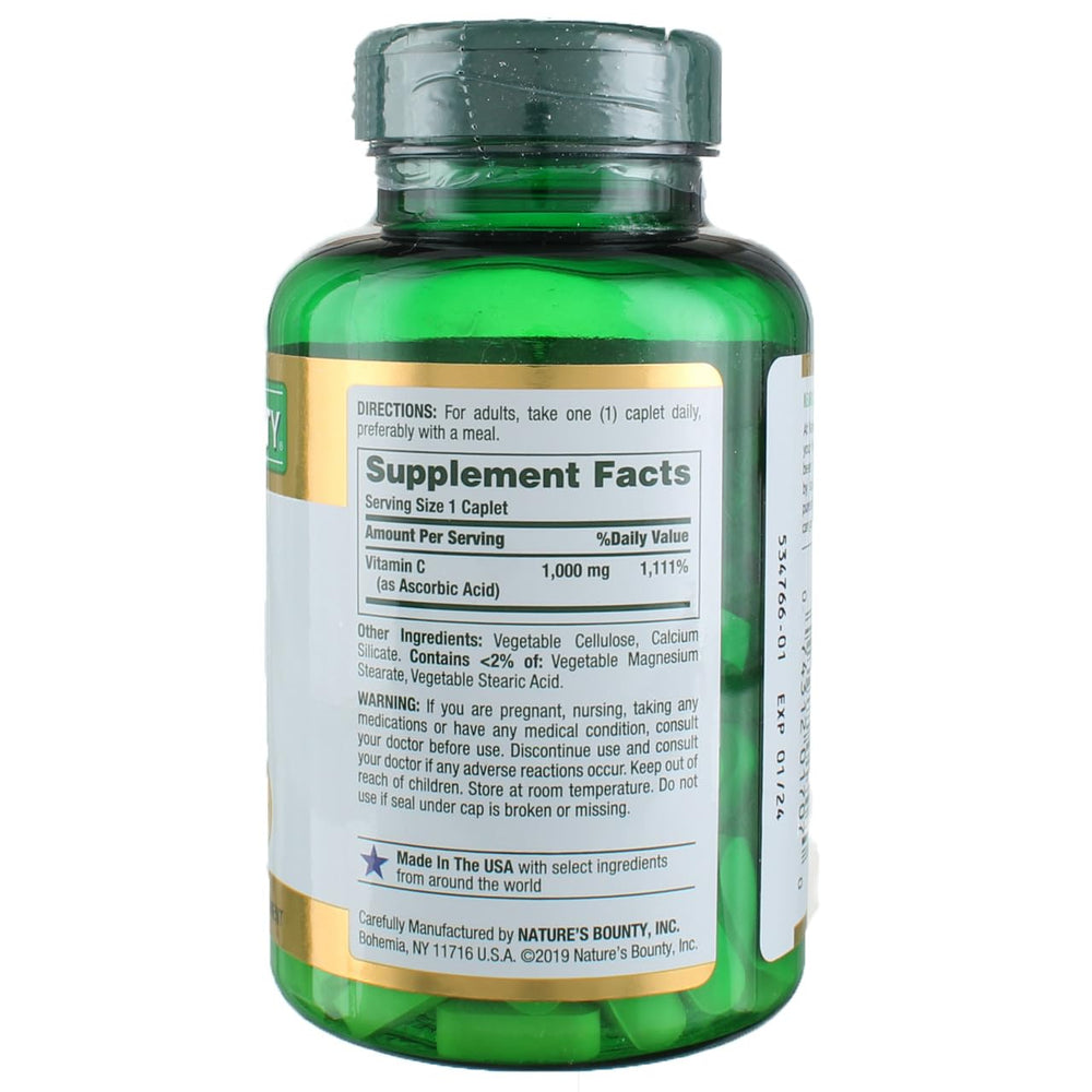 Nature's Bounty Vitamin C 1000mg bottle label closeup, antioxidant-rich formula.