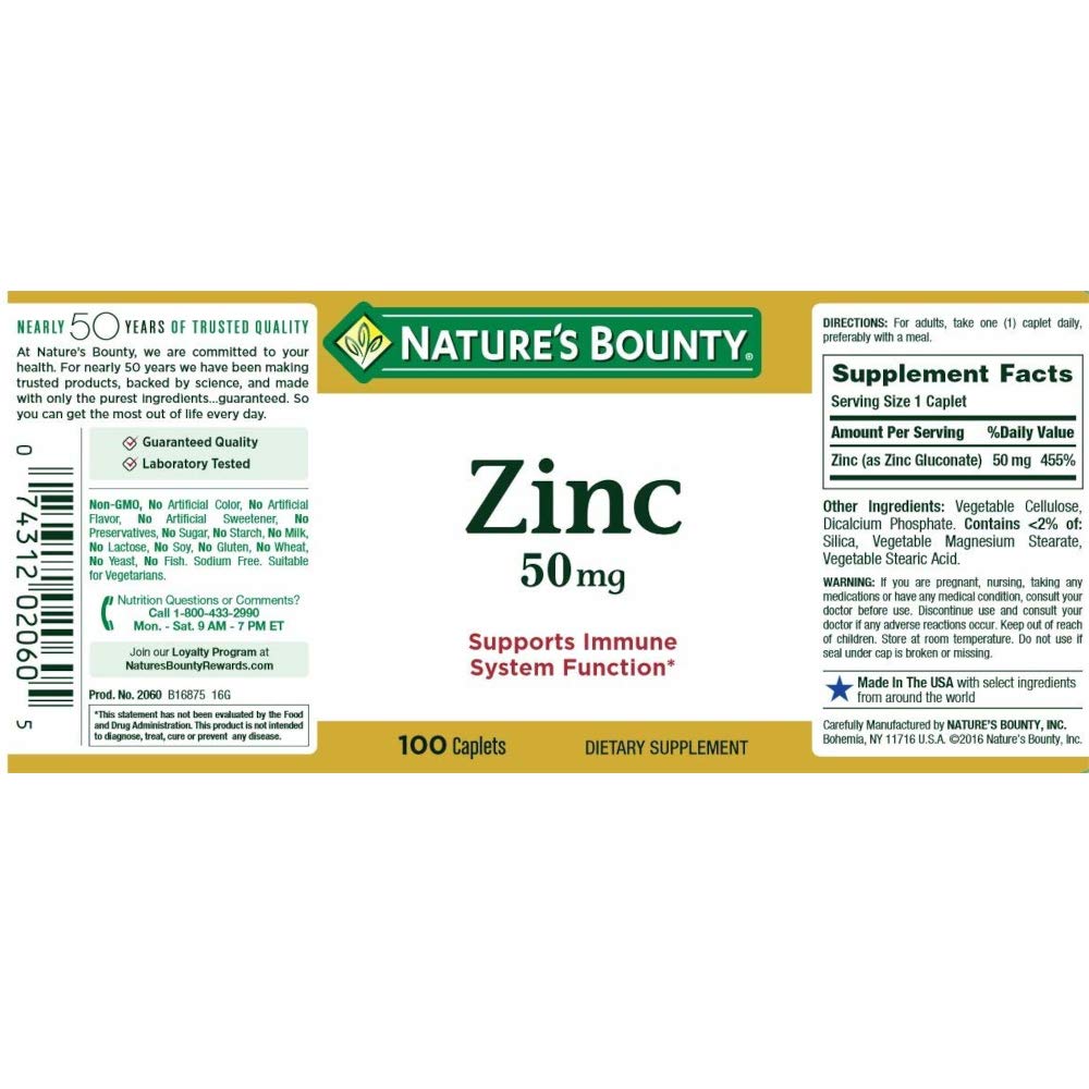 Non-GMO, gluten-free Nature's Bounty zinc caplets details