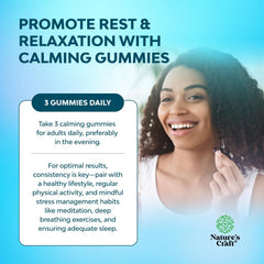 Label front of Natures Craft Calming Gummies featuring Magnesium and Ashwagandha blend.