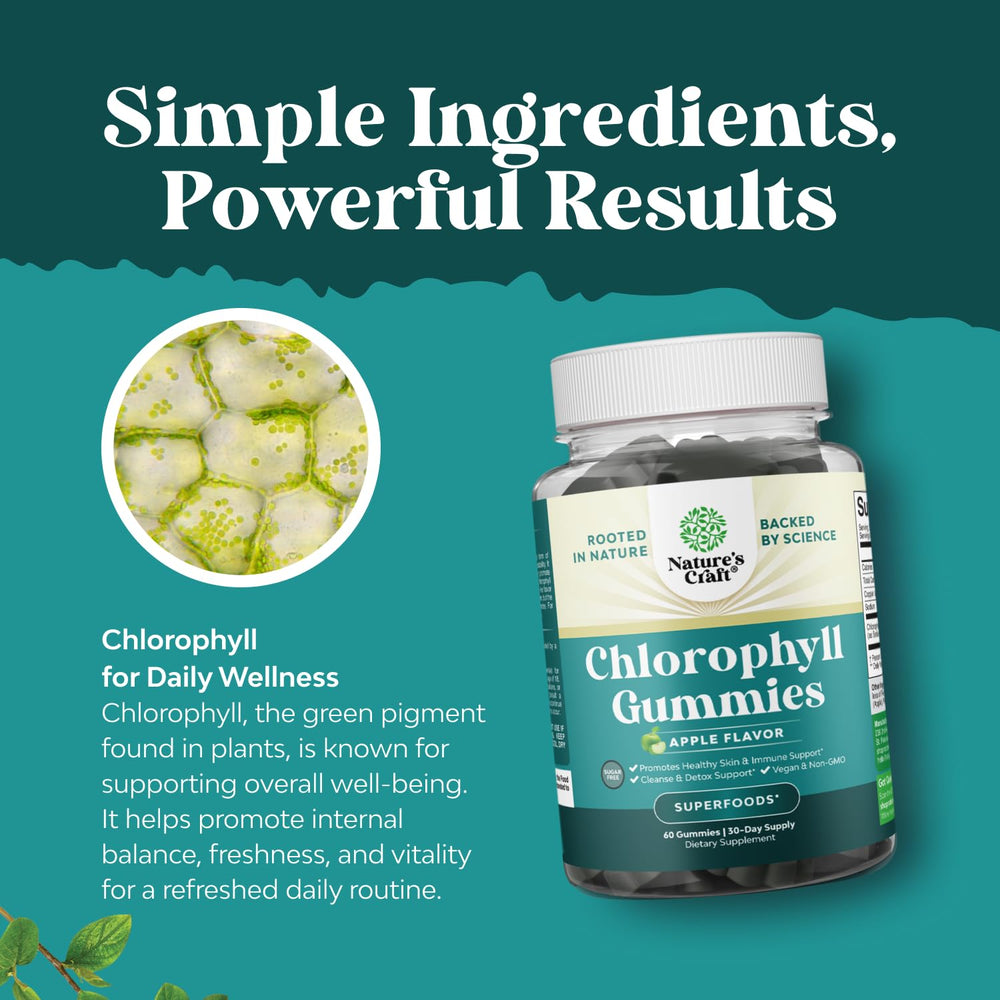 Detailed texture of Natures Craft Chlorophyll Gummies highlights a soft chew