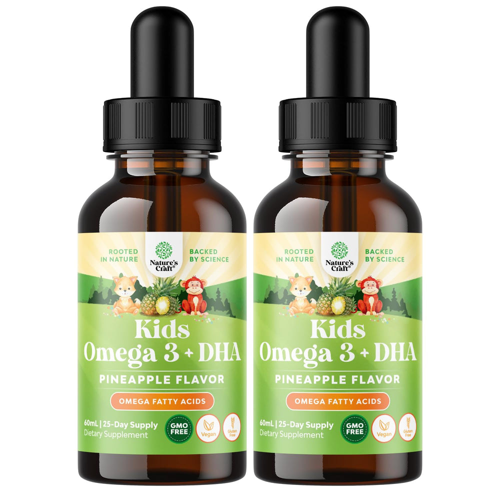 Natures Craft Kids DHA Omega 3 Drops bottle shows a plant-based brain support formula