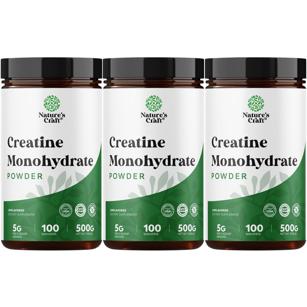 Natures Craft micronized creatine monohydrate powder – front-of-pack view emphasizing pure muscle fuel.