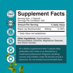 Natures Craft Niacinamide 500mg label detail showing pure, flush-free formula.