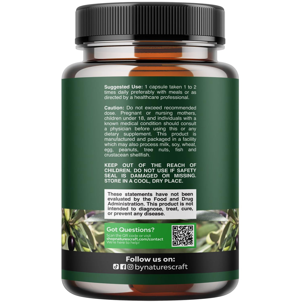 Close-up of Natures Craft olive leaf extract capsules bottle showing oleuropein percentage