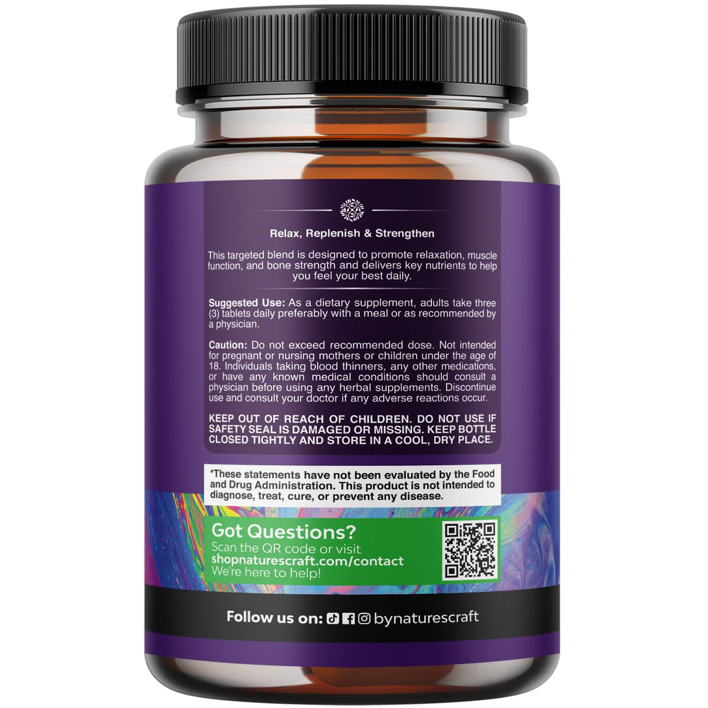 Natures Craft Pure Calm bottle pour shows easy-to-swallow capsules for stress support.