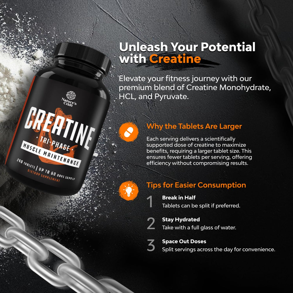 Natures Craft creatine tablet pouring from bottle during workout break