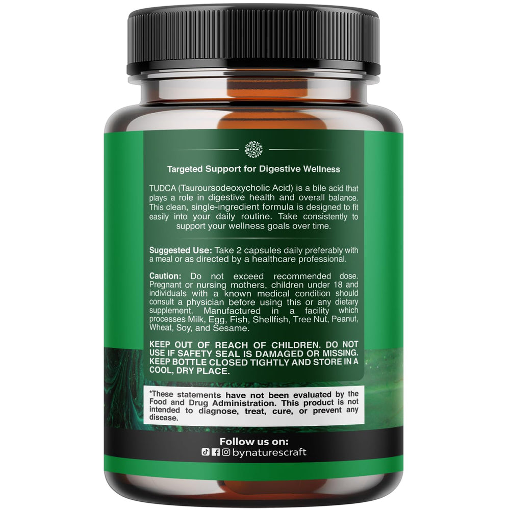 Natures Craft TUDCA capsules close-up highlighting high-purity formula for gallbladder health