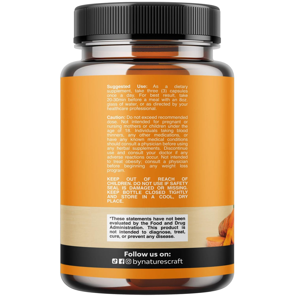 Natures Craft Turmeric Curcumin bottle back label with ingredients and usage details.