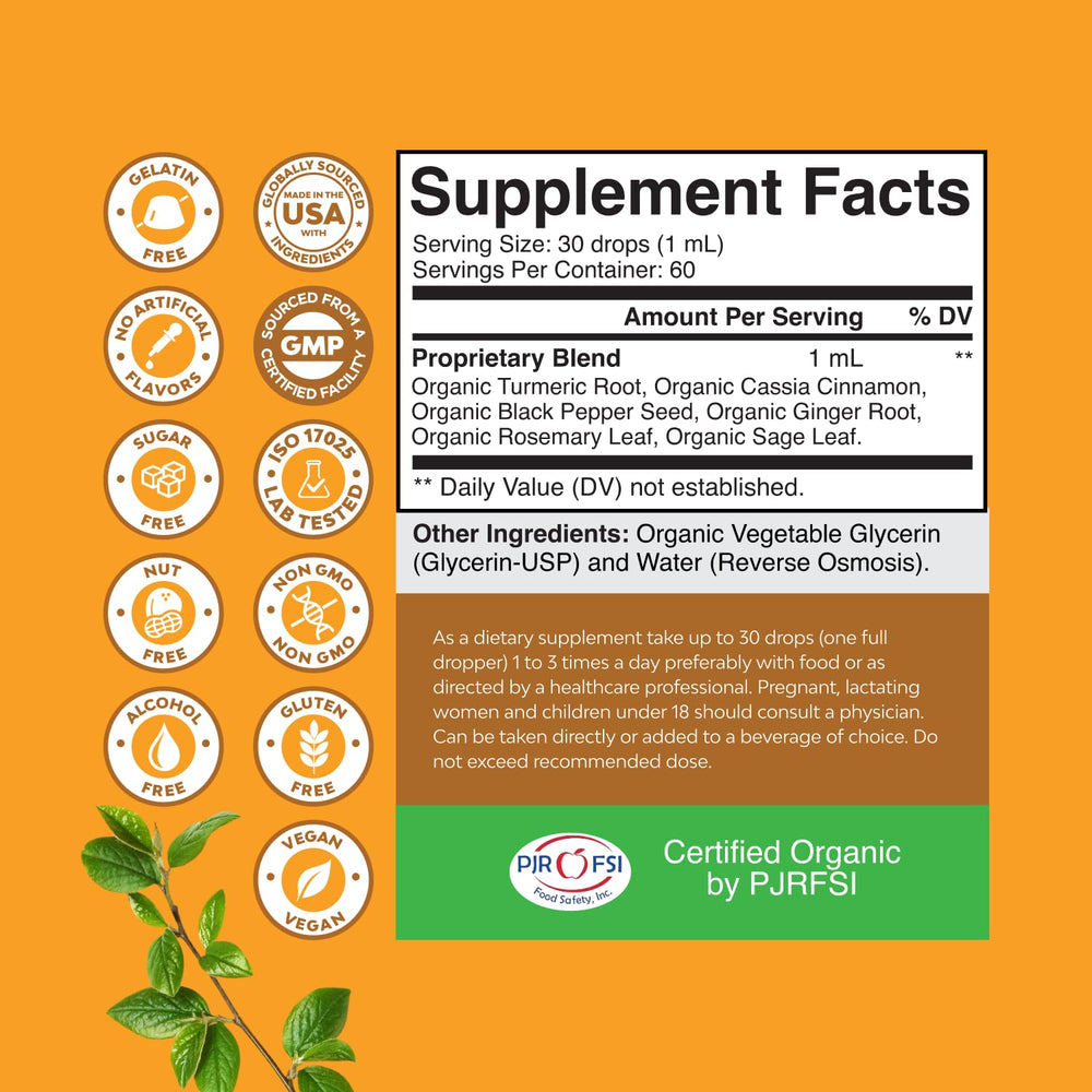 Natures Craft turmeric liquid drops with ginger and black pepper on the label.