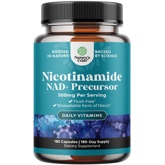 Natures Craft Vitamin B3 Niacinamide 500mg bottle with clear label supports skin health.