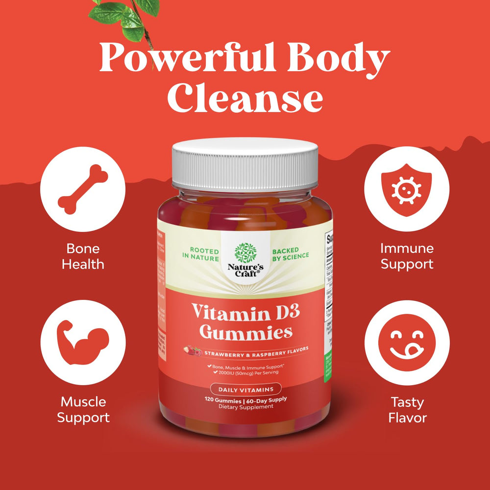 Vegan badge on Natures Craft gummies signaling plant-based D3 option for wellness