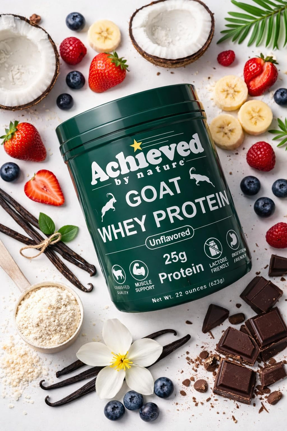 Nature's Diet goat whey powder pour closeup suggesting seamless blends.