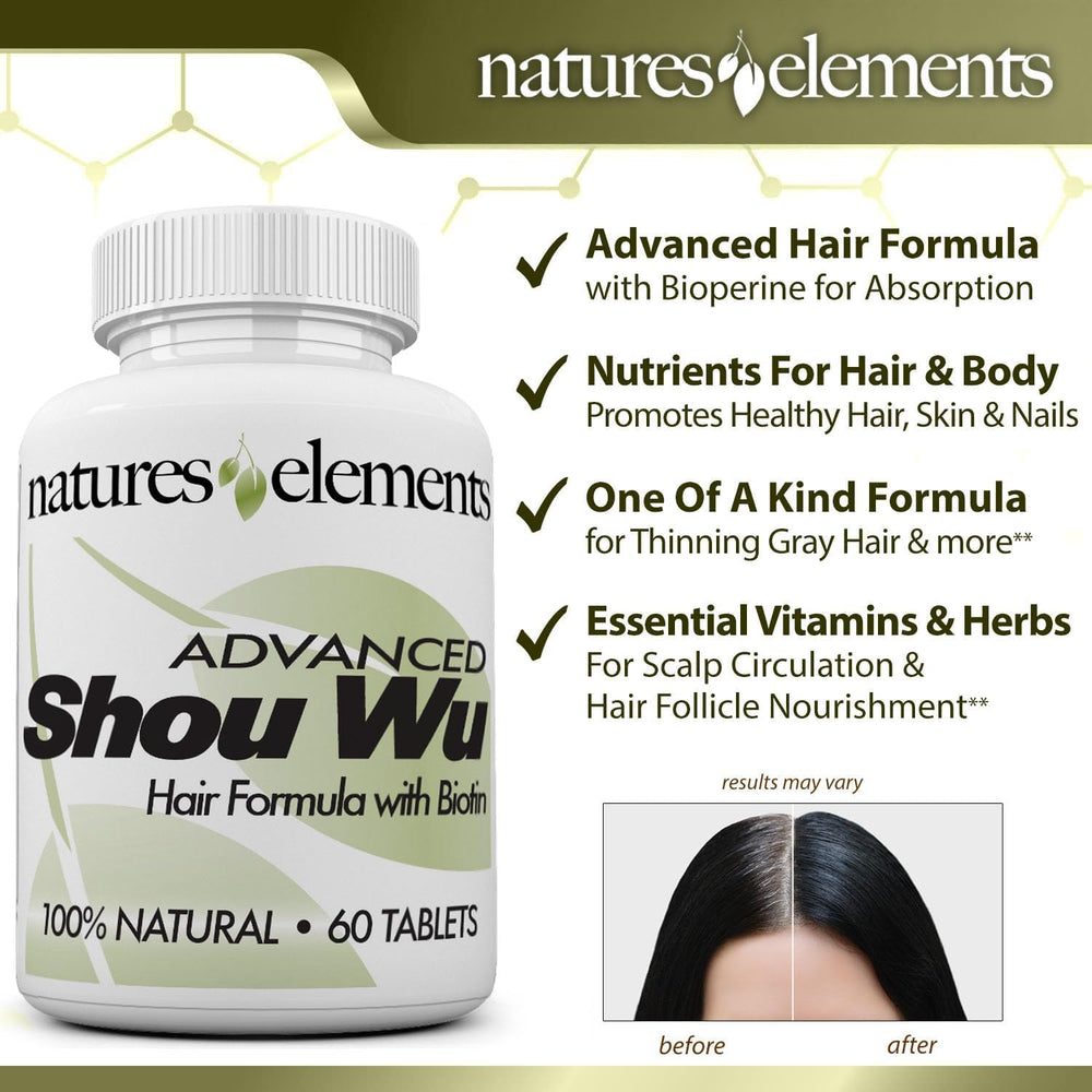 Natures Elements Advanced Shou Wu tablets close-up for easy daily use