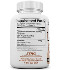 Natures Elements Lion's Mane bottle back label highlighting BioPerine