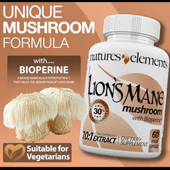 Natures Elements Lion's Mane label graphics emphasize natural ingredients