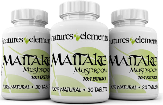 Natures Elements Maitake bottle front with 10:1 extract and 500mg tablets
