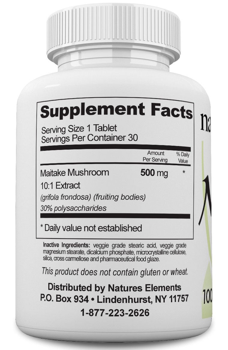 Closeup of Maitake 500mg tablets from Natures Elements